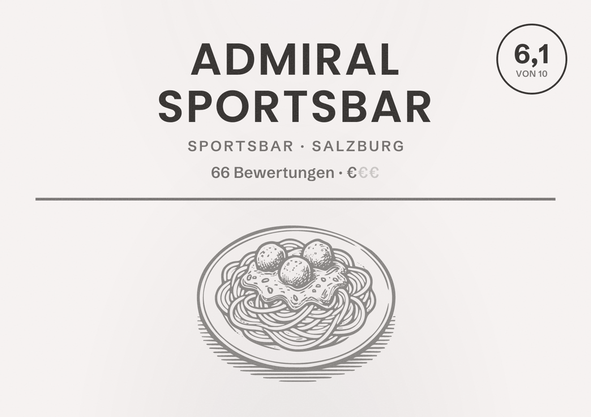 Illustriertes Poster von ADMIRAL Sportsbar, Sportsbar in Salzburg: Bewertung 6,1 von 10 aus 66 Bewertungen, Preisniveau €