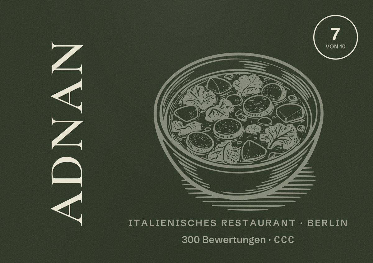 Illustriertes Poster von Adnan, Italienisches Restaurant in Berlin: Bewertung 7,0 von 10 aus 300 Bewertungen, Preisniveau €€€