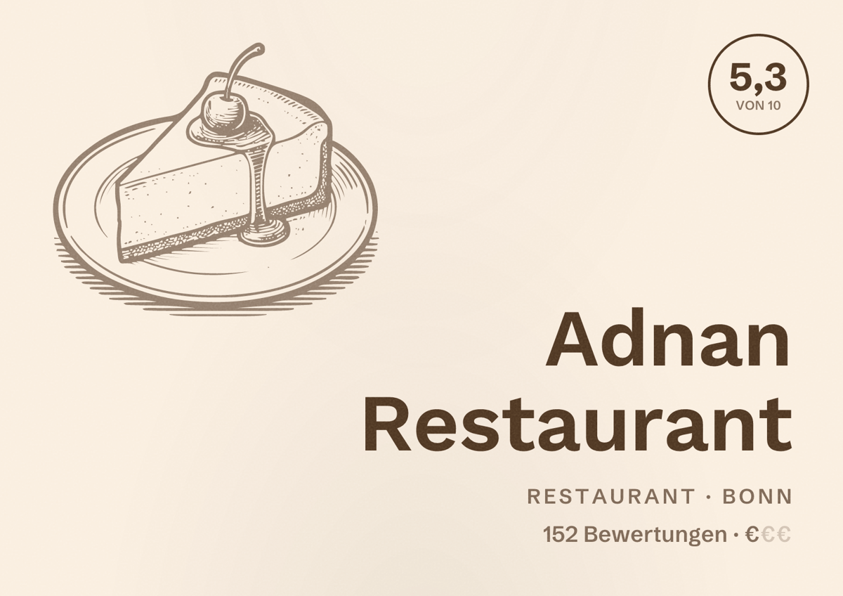 Illustriertes Poster von Adnan Restaurant, Restaurant in Bonn: Bewertung 5,3 von 10 aus 152 Bewertungen, Preisniveau €