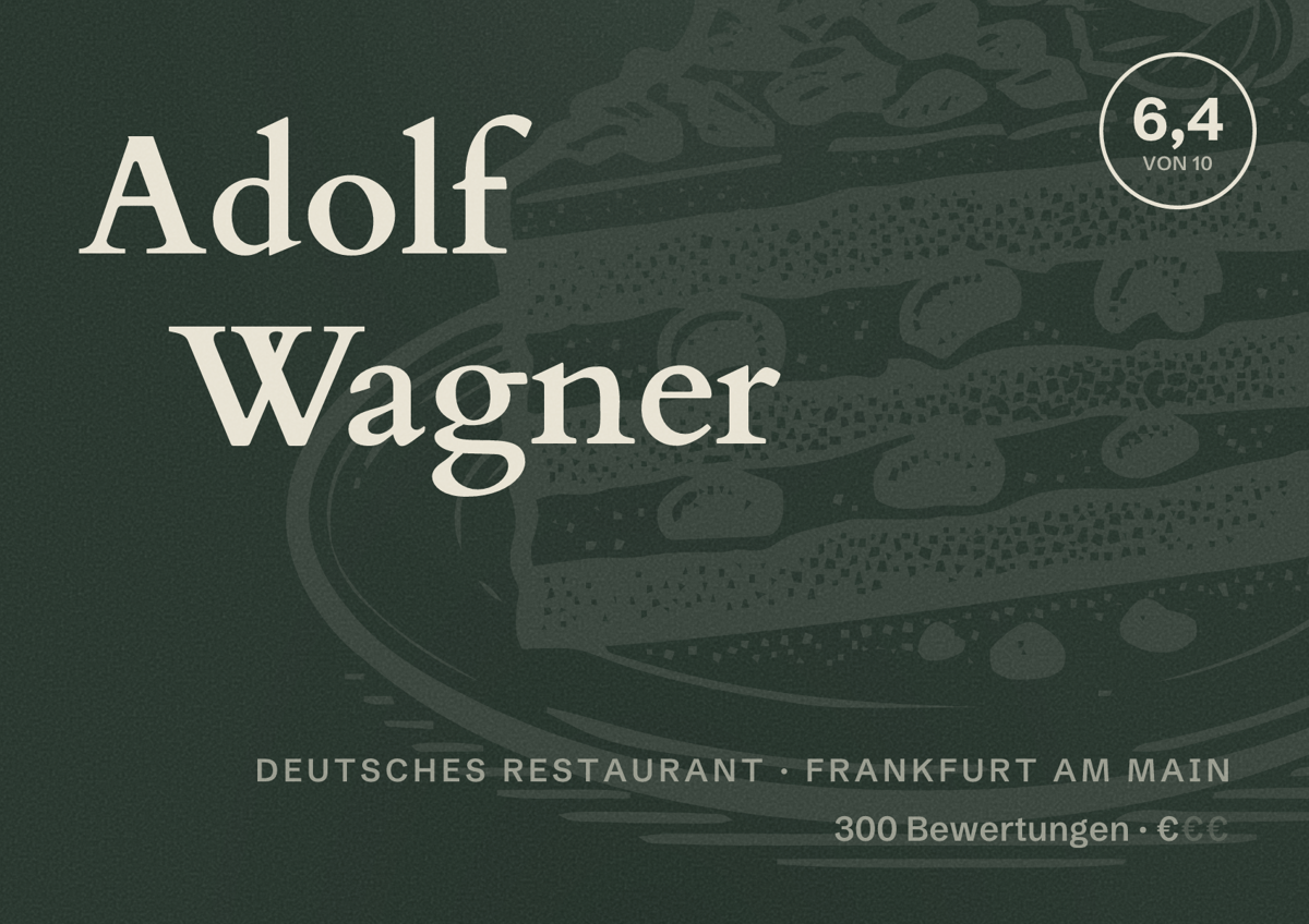 Illustriertes Poster von Adolf Wagner, Deutsches Restaurant in Frankfurt am Main: Bewertung 6,4 von 10 aus 300 Bewertungen, Preisniveau €