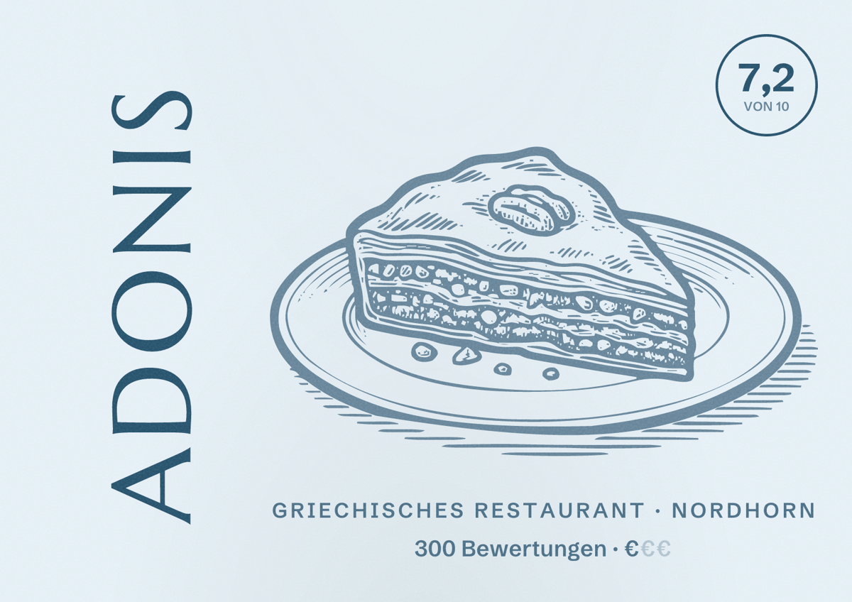 Illustriertes Poster von Adonis, Griechisches Restaurant in Nordhorn: Bewertung 7,2 von 10 aus 300 Bewertungen, Preisniveau €