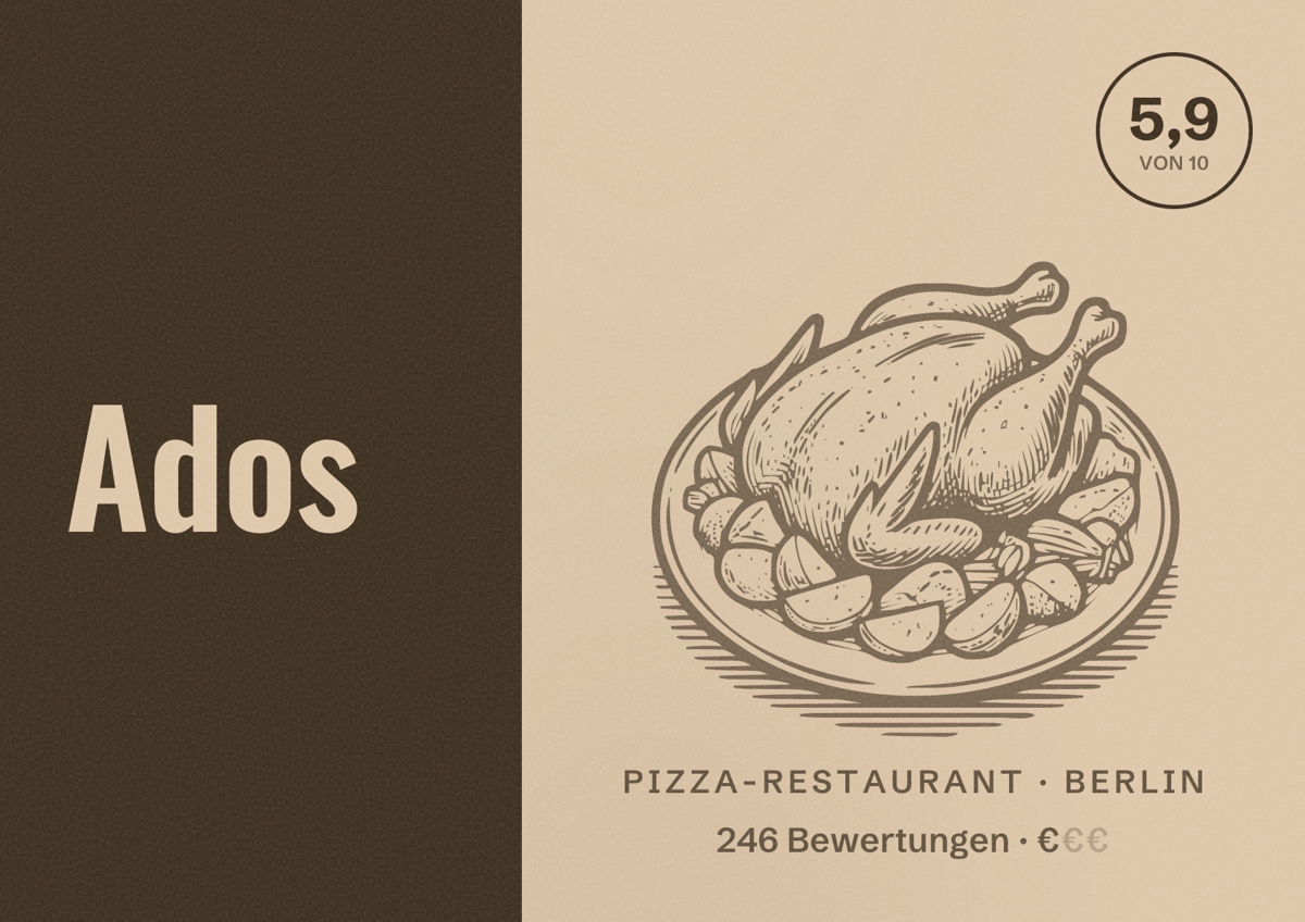 Illustriertes Poster von Ados, Pizza-Restaurant in Berlin: Bewertung 5,9 von 10 aus 246 Bewertungen, Preisniveau €