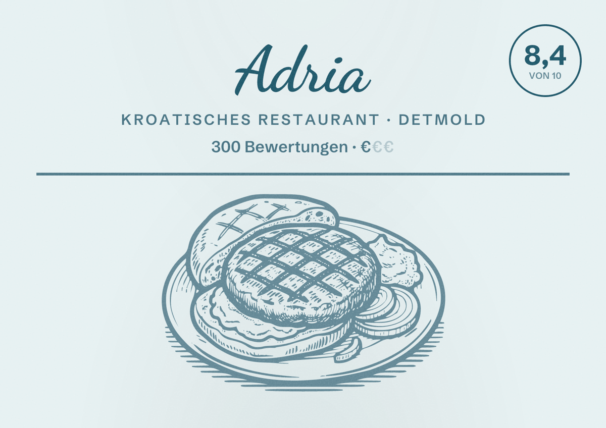 Illustriertes Poster von Adria, Kroatisches Restaurant in Detmold: Bewertung 8,4 von 10 aus 300 Bewertungen, Preisniveau €