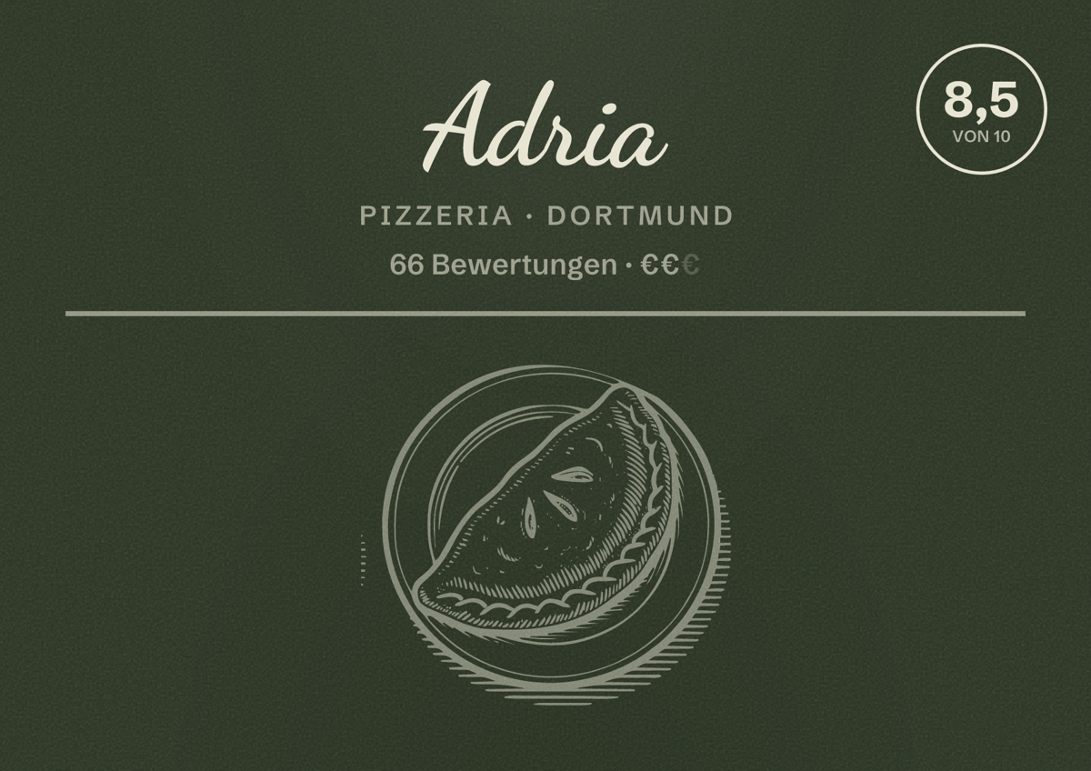 Illustriertes Poster von Adria, Pizzeria in Dortmund: Bewertung 8,5 von 10 aus 66 Bewertungen, Preisniveau €€