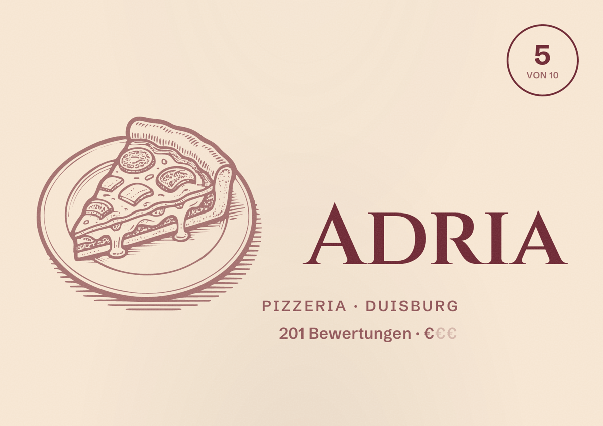 Illustriertes Poster von Adria, Pizzeria in Duisburg: Bewertung 5 von 10 aus 201 Bewertungen, Preisniveau €