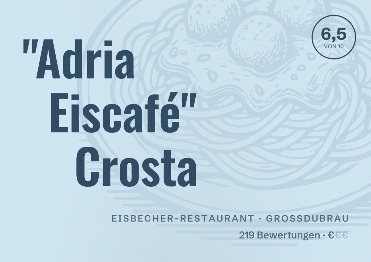 Illustriertes Poster von "Adria Eiscafé" Crosta, Eisbecher-Restaurant in Großdubrau: Bewertung 6,5 von 10 aus 219 Bewertungen, Preisniveau €