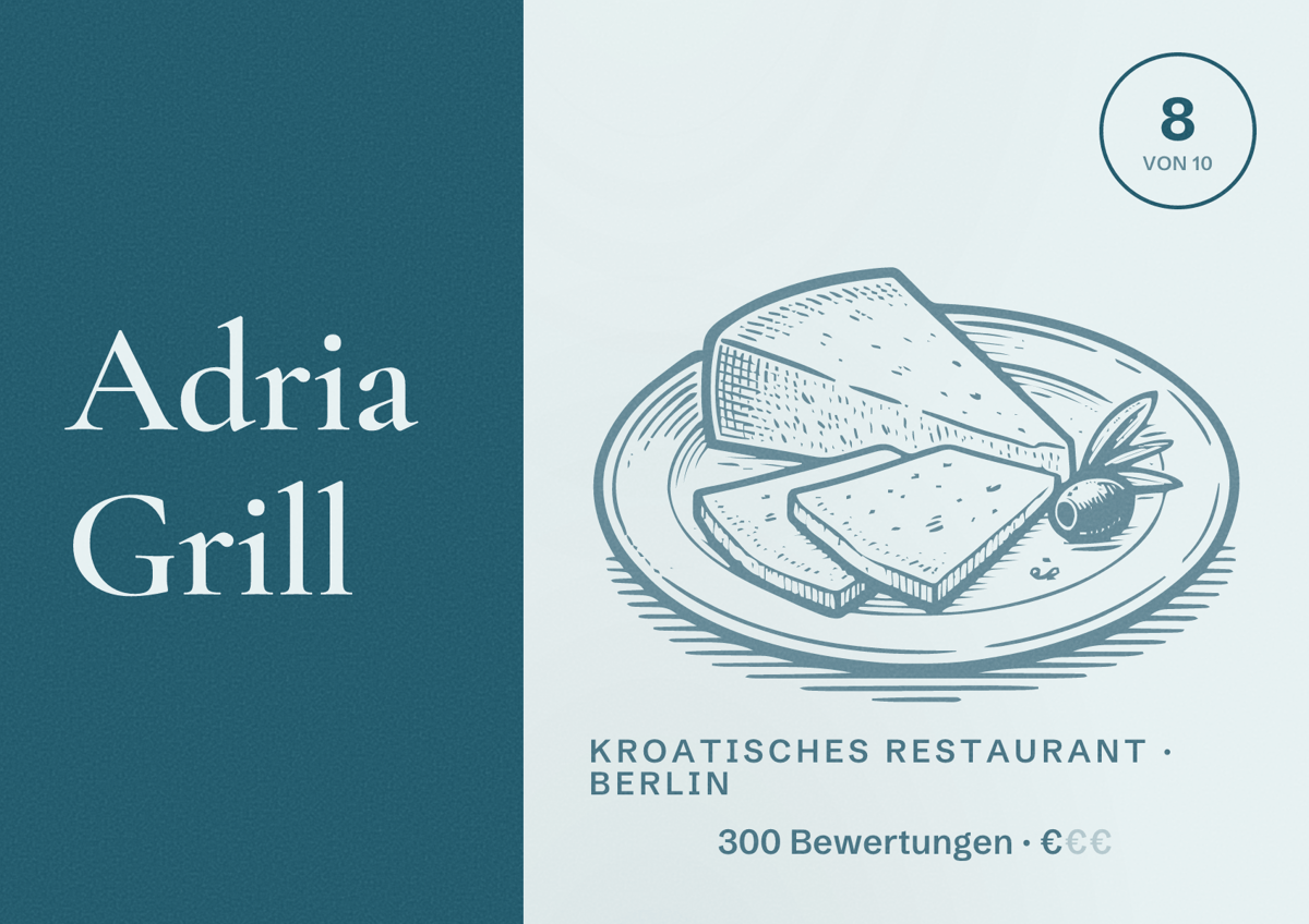 Illustriertes Poster von Adria Grill, Kroatisches Restaurant in Berlin: Bewertung 8,0 von 10 aus 300 Bewertungen, Preisniveau €