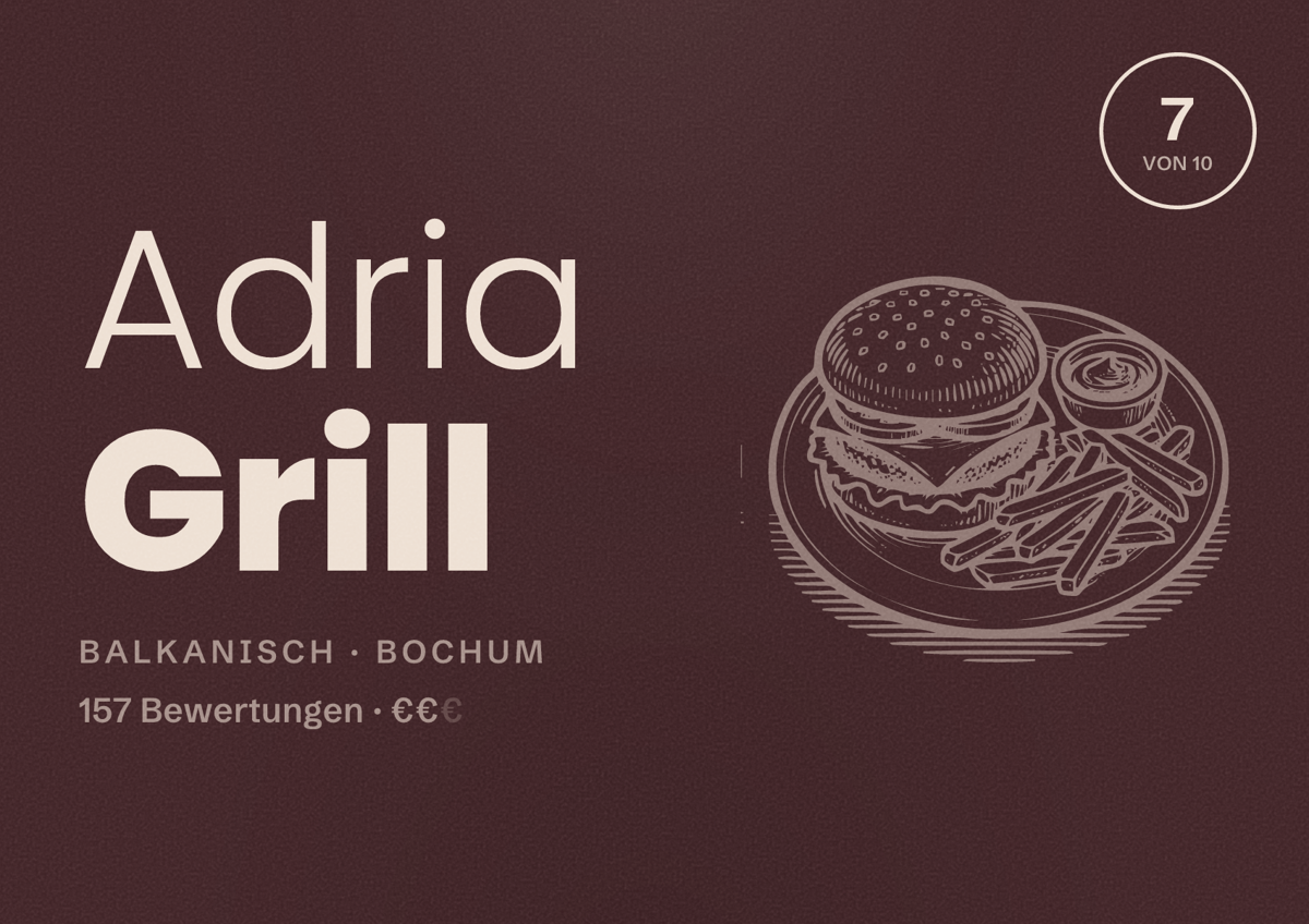 Illustriertes Poster von Adria Grill, Balkanisch in Bochum: Gästebewertung 7 von 10 aus 157 Bewertungen
