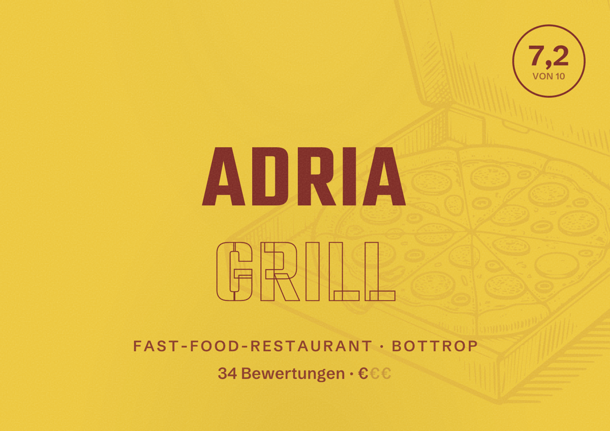 Illustriertes Poster von Adria Grill, Fast-Food-Restaurant in Bottrop: Bewertung 7,2 von 10 aus 34 Bewertungen, Preisniveau €