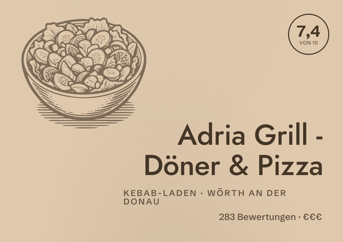 Illustriertes Poster von Adria Grill - Döner & Pizza, Kebab-Laden in Wörth an der Donau: Bewertung 7,4 von 10 aus 283 Bewertungen, Preisniveau €€€