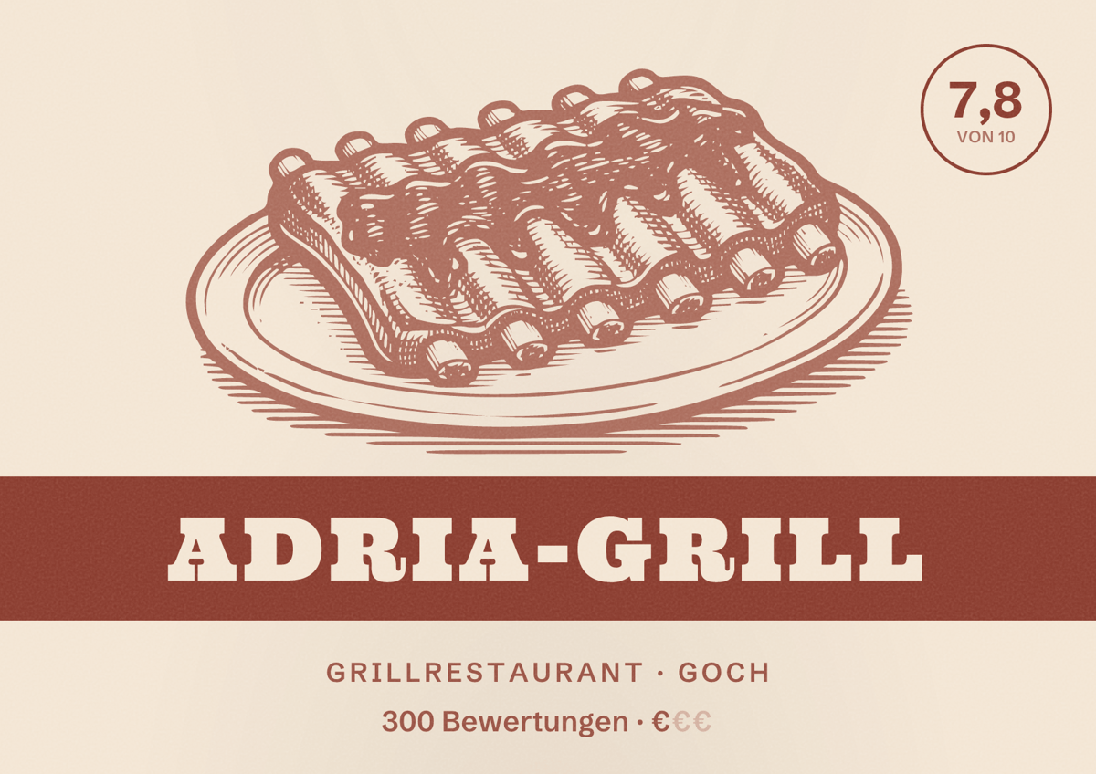 Illustriertes Poster von Adria-Grill, Grillrestaurant in Goch: Bewertung 7,8 von 10 aus 300 Bewertungen, Preisniveau €