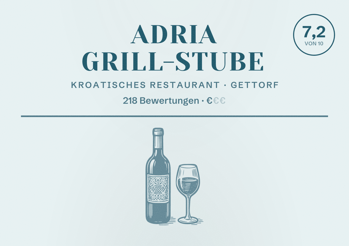 Illustriertes Poster von Adria Grill-Stube, Kroatisches Restaurant in Gettorf: Bewertung 7,2 von 10 aus 218 Bewertungen, Preisniveau €