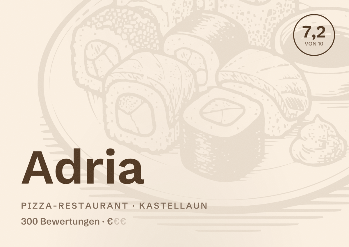 Illustriertes Poster von Adria, Pizza-Restaurant in Kastellaun: Bewertung 7,2 von 10 aus 300 Bewertungen, Preisniveau €