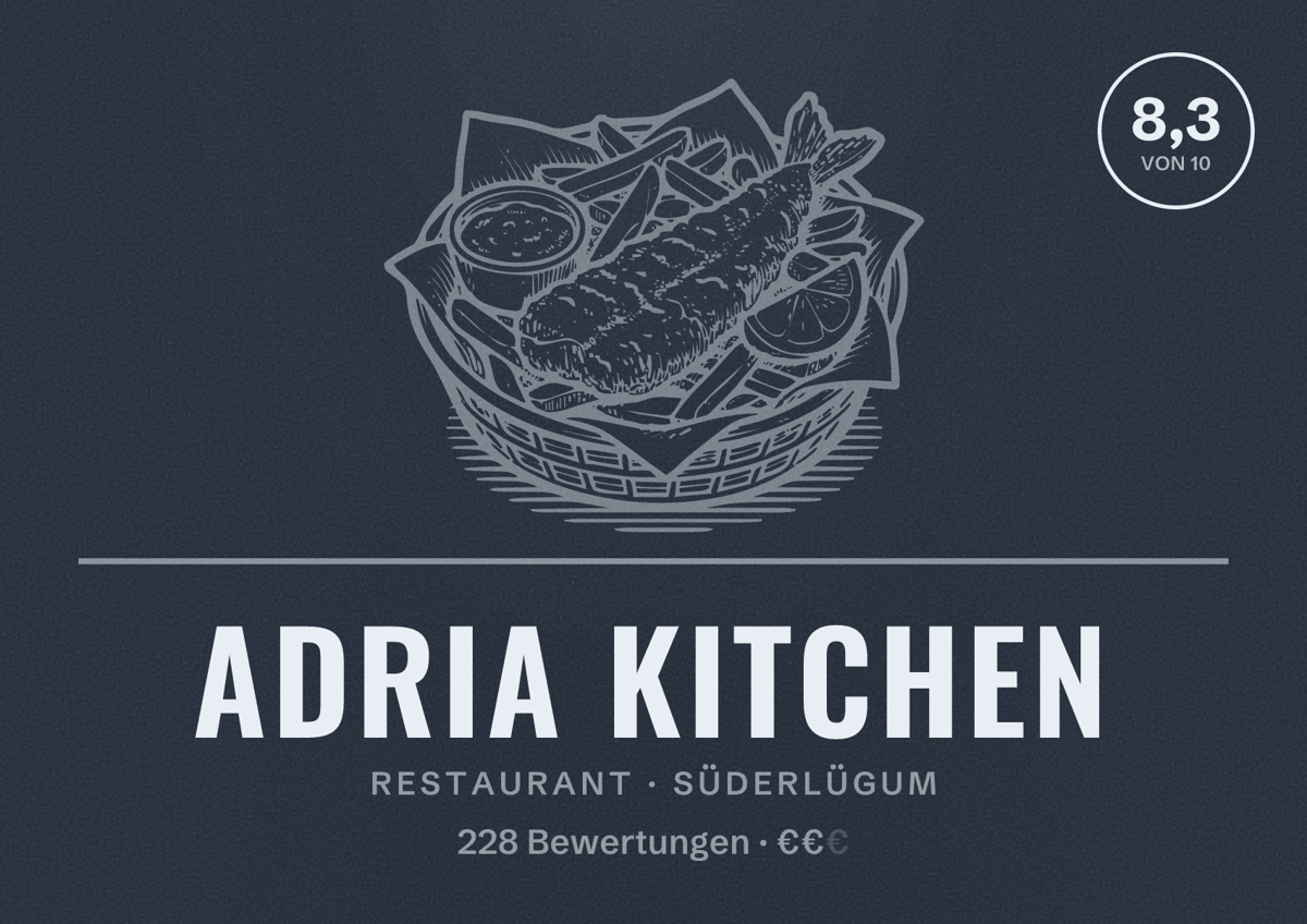 Illustriertes Poster von Adria Kitchen, Restaurant in Süderlügum: Bewertung 8,3 von 10 aus 228 Bewertungen, Preisniveau €€