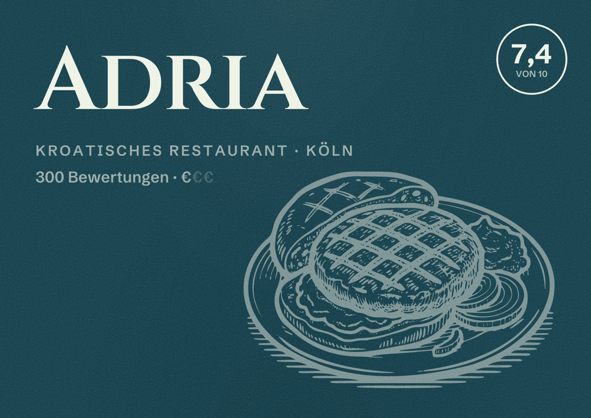 Illustriertes Poster von Adria, Kroatisches Restaurant in Köln: Bewertung 7,4 von 10 aus 300 Bewertungen, Preisniveau €