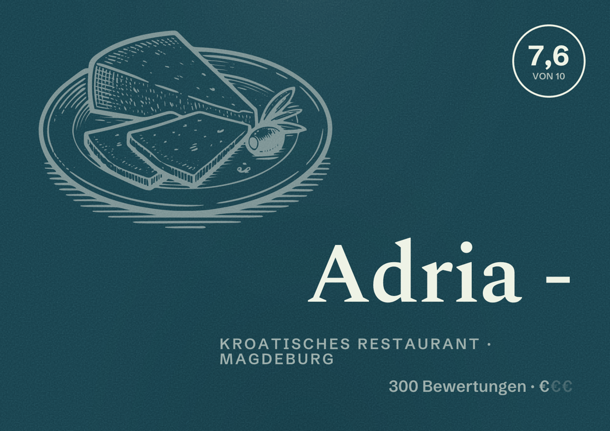 Illustriertes Poster von Adria -, Kroatisches Restaurant in Magdeburg: Bewertung 7,6 von 10 aus 300 Bewertungen, Preisniveau €