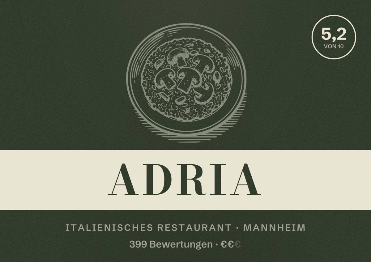 Illustriertes Poster von Adria, Italienisches Restaurant in Mannheim: Bewertung 5,2 von 10 aus 399 Bewertungen, Preisniveau €€