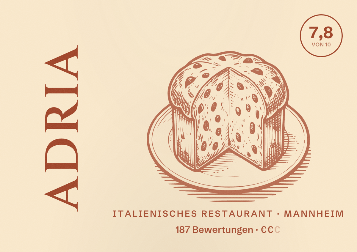 Illustriertes Poster von Adria, Italienisches Restaurant in Mannheim: Bewertung 7,8 von 10 aus 187 Bewertungen, Preisniveau €€