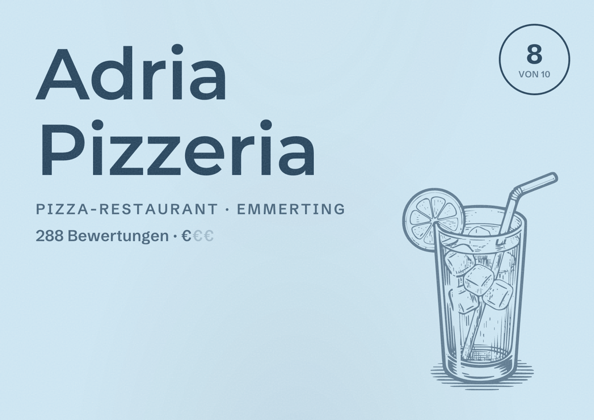 Illustriertes Poster von Adria Pizzeria, Pizza-Restaurant in Emmerting: Bewertung 8 von 10 aus 288 Bewertungen, Preisniveau €