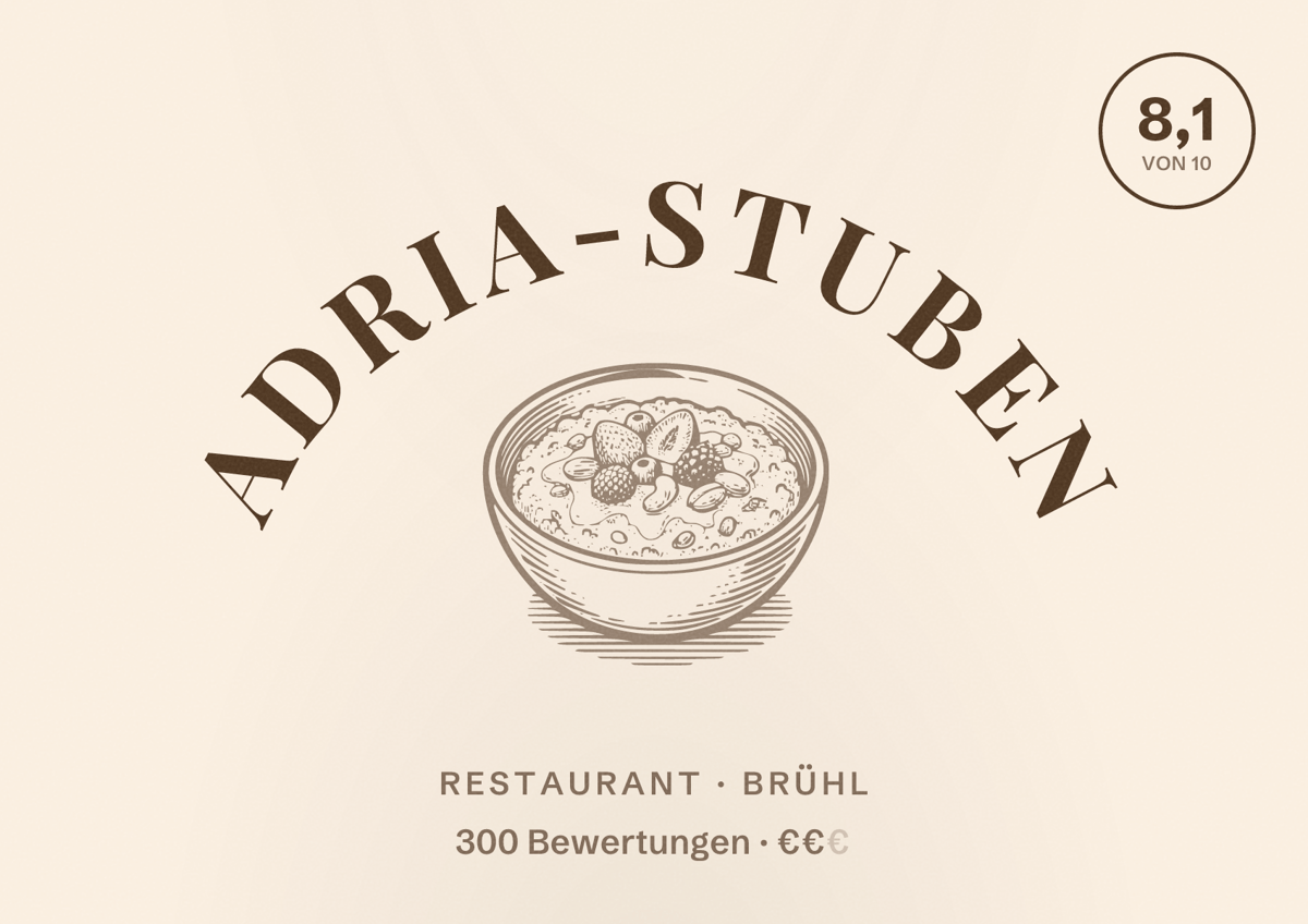 Illustriertes Poster von Adria-Stuben, Restaurant in Brühl: Bewertung 8,1 von 10 aus 300 Bewertungen, Preisniveau €€