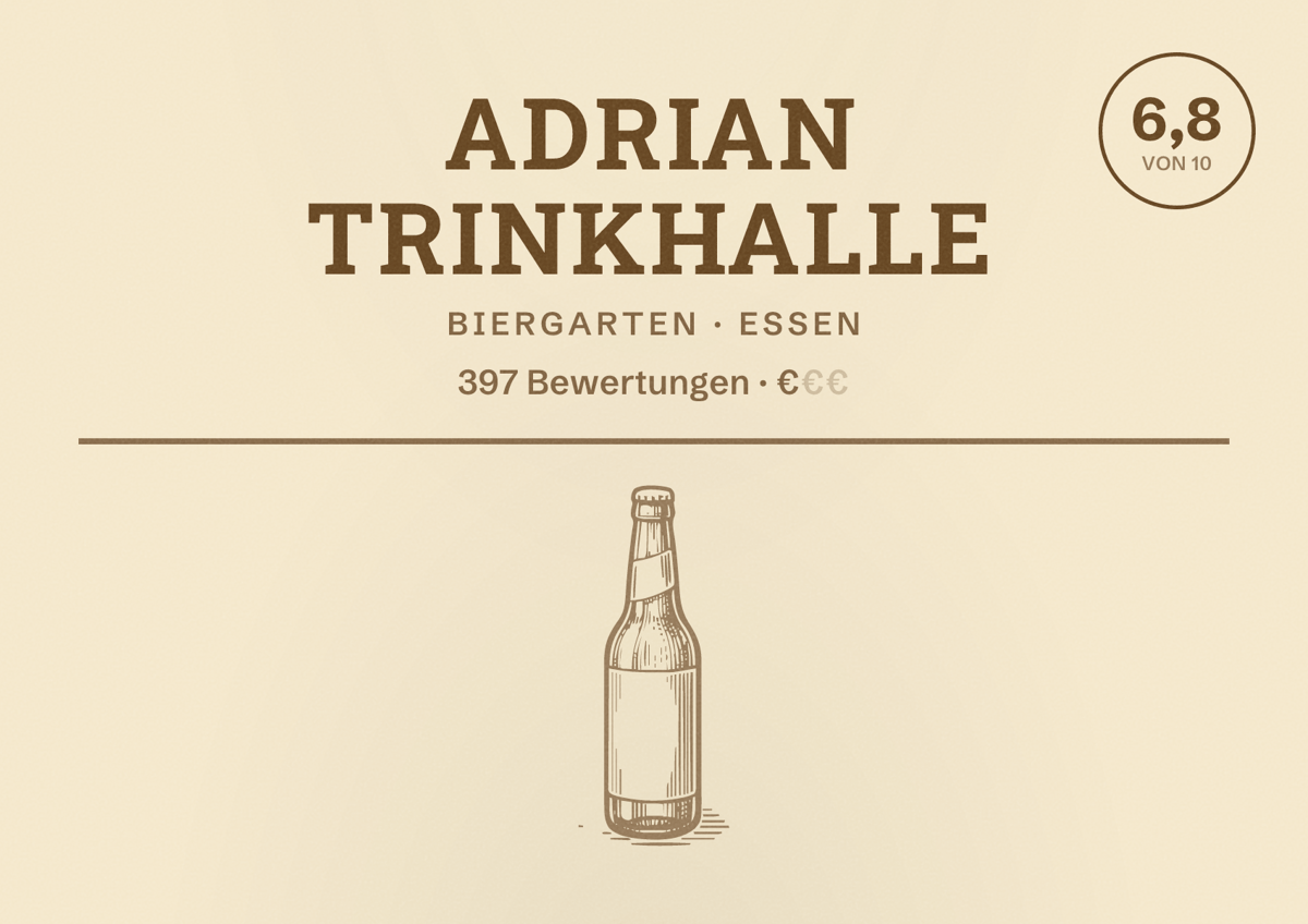 Illustriertes Poster von Adrian Trinkhalle, Biergarten in Essen: Bewertung 6,8 von 10 aus 397 Bewertungen, Preisniveau €