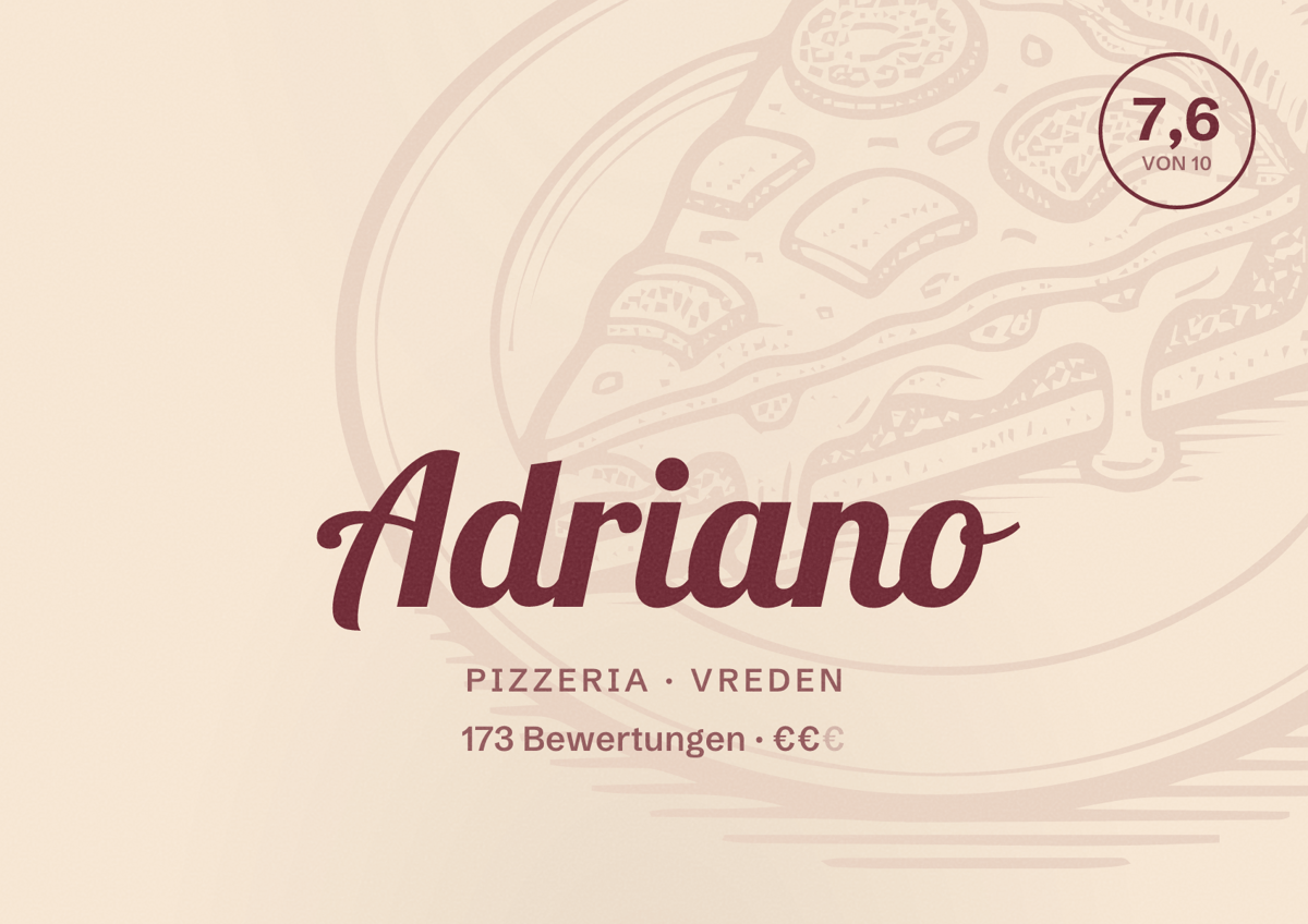 Illustriertes Poster von Adriano, Pizzeria in Vreden: Bewertung 7,6 von 10 aus 173 Bewertungen, Preisniveau €€