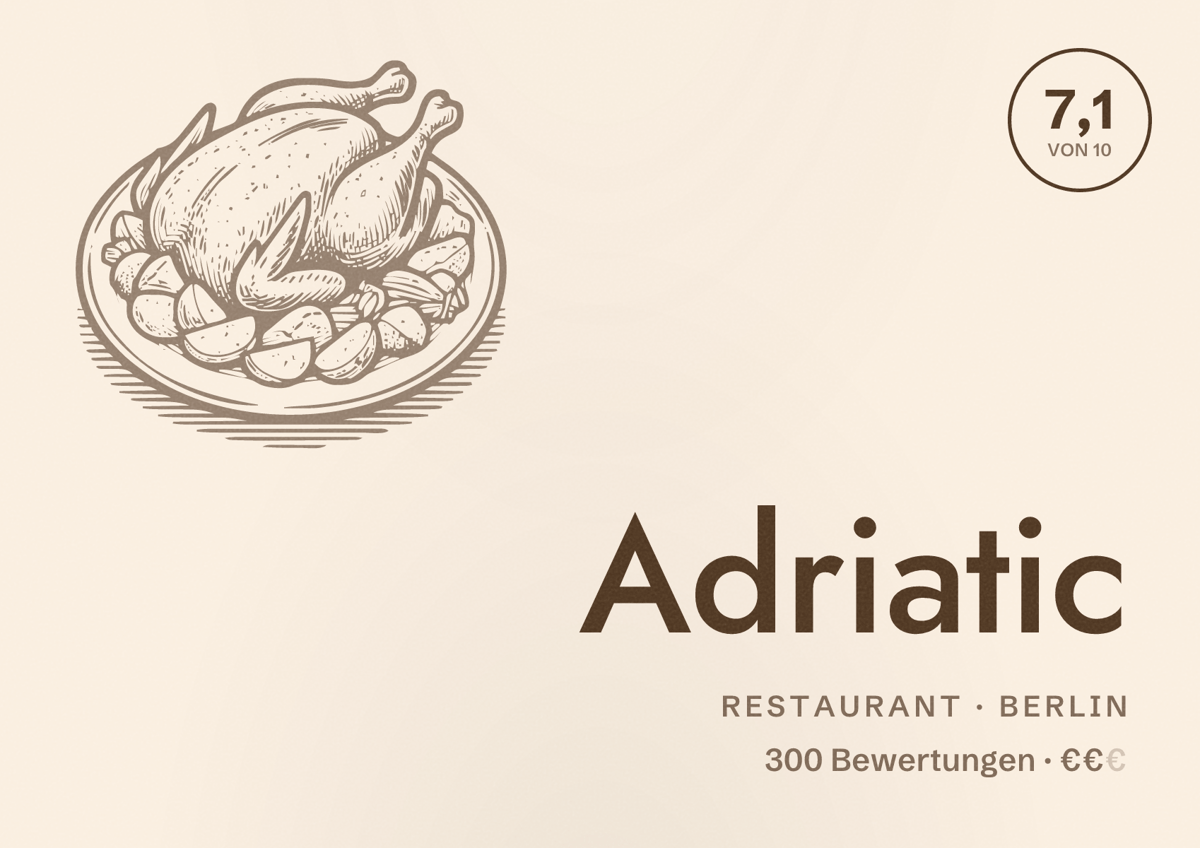 Illustriertes Poster von Adriatic, Restaurant in Berlin: Bewertung 7,1 von 10 aus 300 Bewertungen, Preisniveau €€