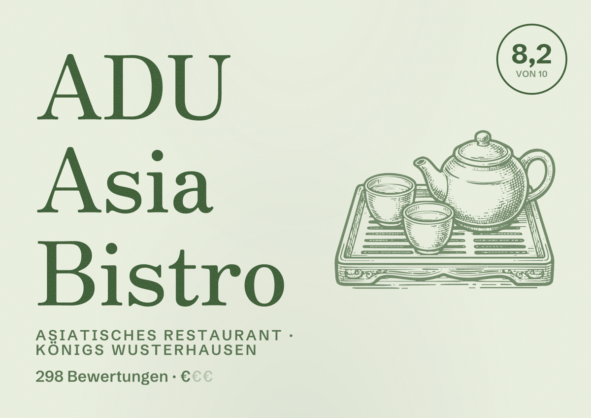 Illustriertes Poster von ADU Asia Bistro, Asiatisches Restaurant in Königs Wusterhausen: Bewertung 8,2 von 10 aus 298 Bewertungen, Preisniveau €