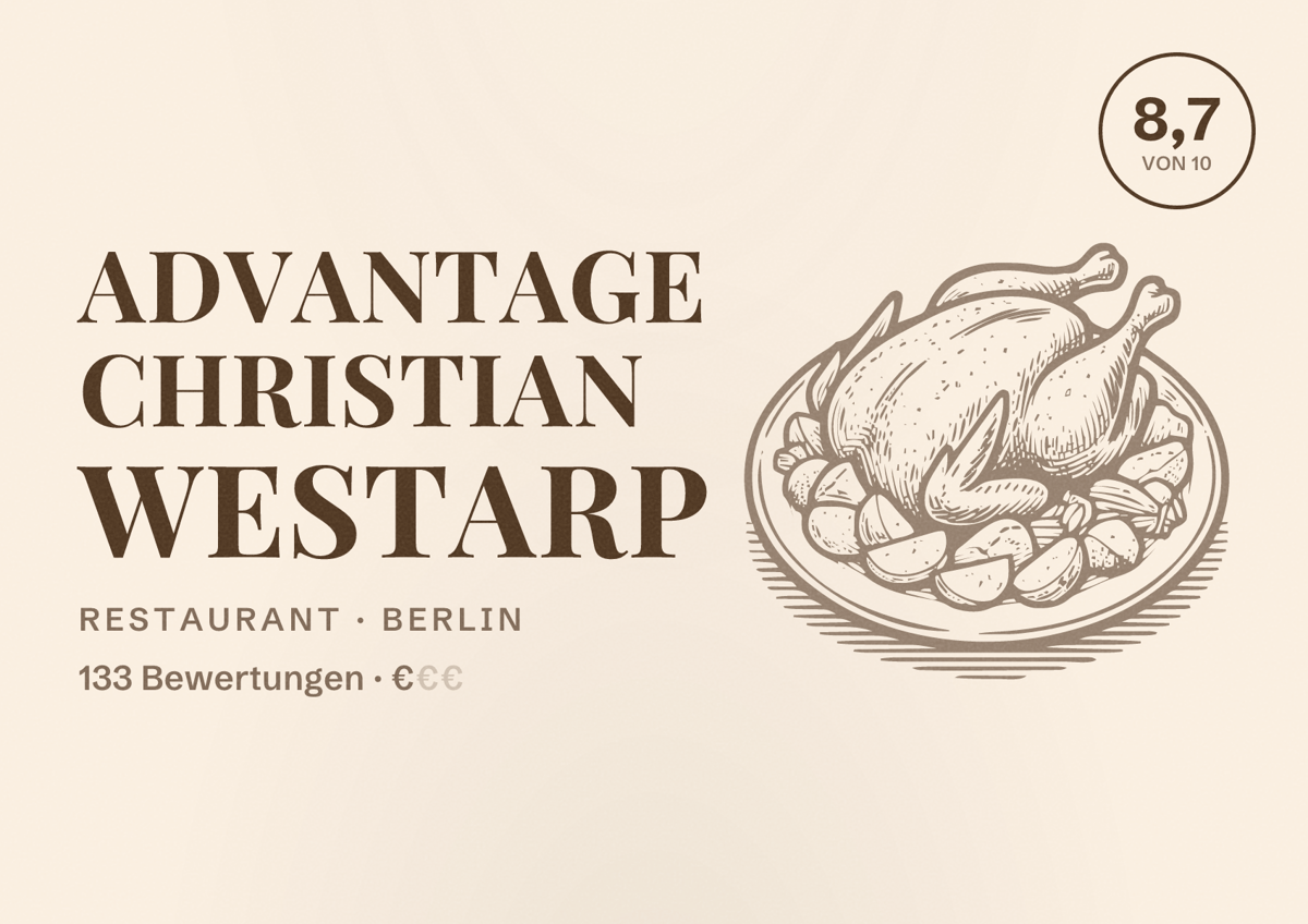 Illustriertes Poster von ADVANTAGE Christian Westarp, Restaurant in Berlin: Bewertung 8,7 von 10 aus 133 Bewertungen, Preisniveau €