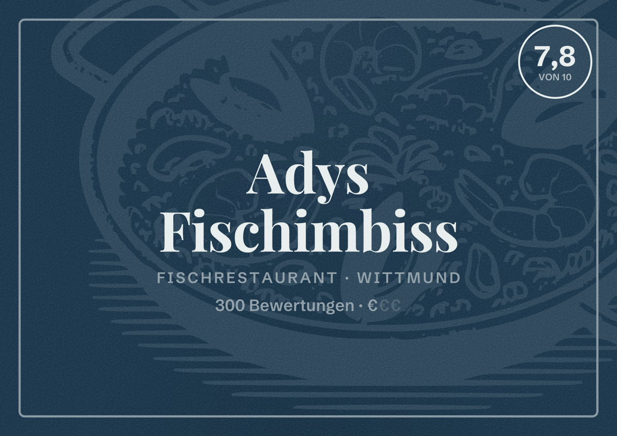Illustriertes Poster von Adys Fischimbiss, Fischrestaurant in Wittmund: Bewertung 7,8 von 10 aus 300 Bewertungen, Preisniveau €