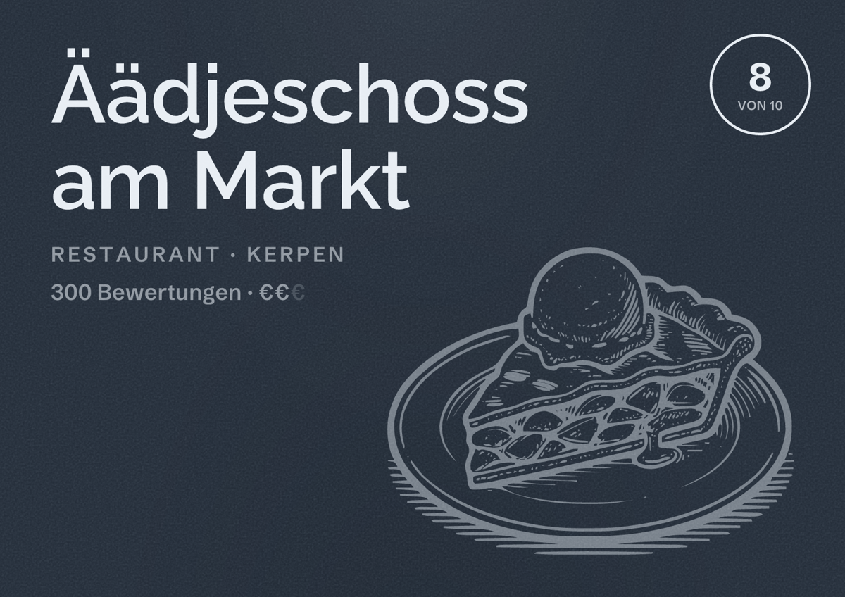 Illustriertes Poster von Äädjeschoss am Markt, Restaurant in Kerpen: Bewertung 8 von 10 aus 300 Bewertungen, Preisniveau €€
