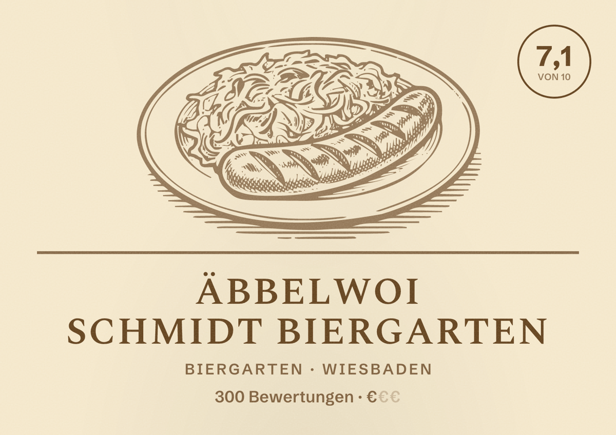 Illustriertes Poster von Äbbelwoi Schmidt Biergarten, Biergarten in Wiesbaden: Bewertung 7,1 von 10 aus 300 Bewertungen, Preisniveau €