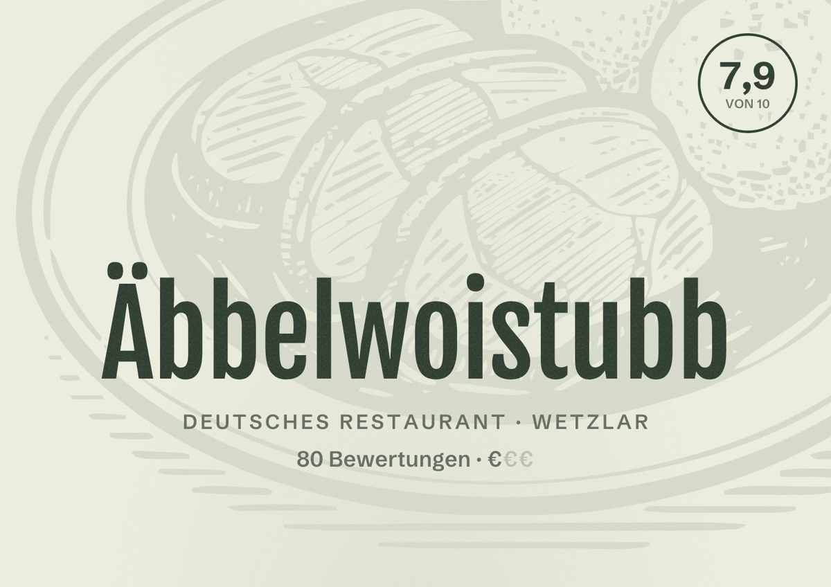 Illustriertes Poster von Äbbelwoistubb, Deutsches Restaurant in Wetzlar: Bewertung 7,9 von 10 aus 80 Bewertungen, Preisniveau €