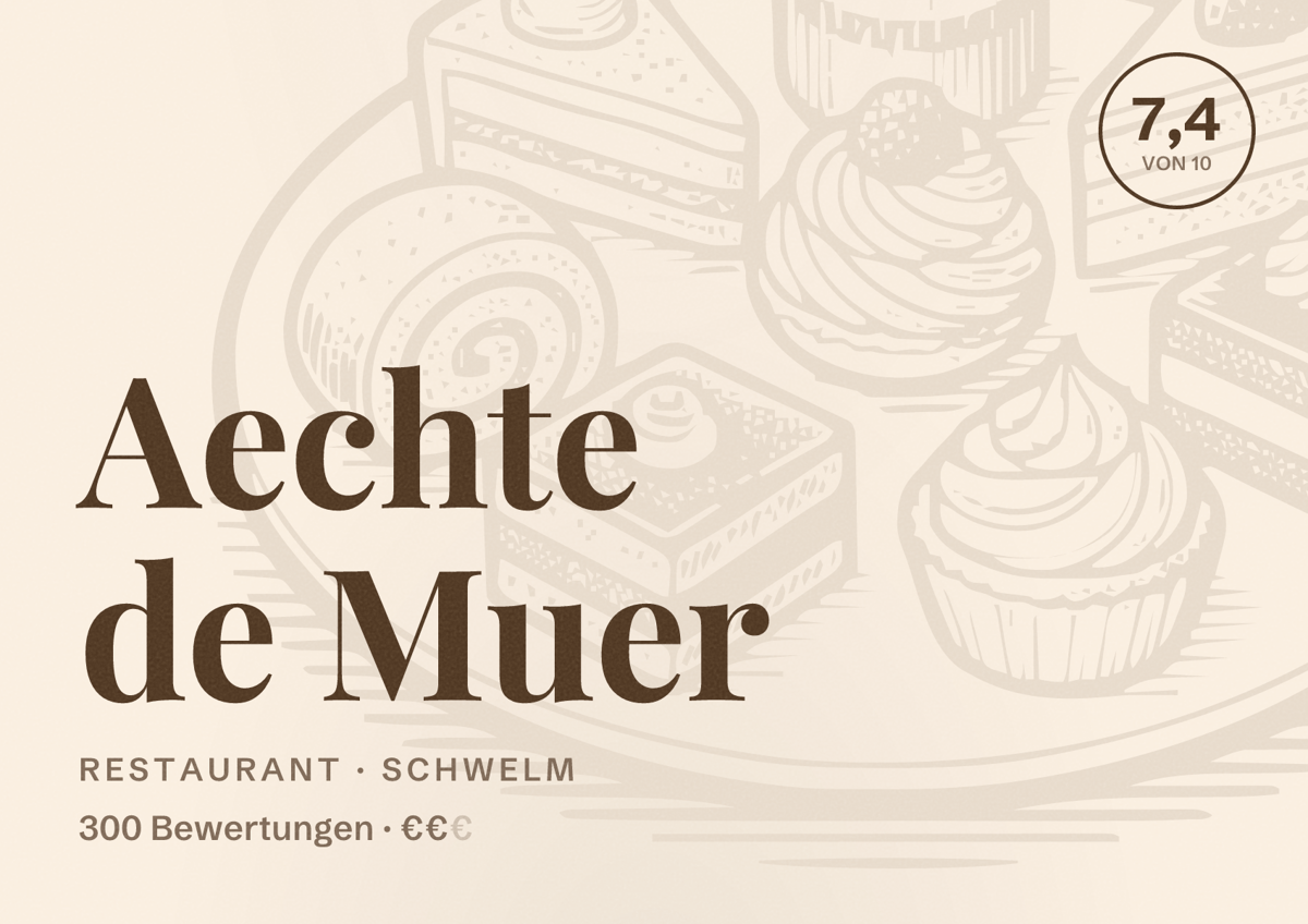 Illustriertes Poster von Aechte de Muer, Restaurant in Schwelm: Bewertung 7,4 von 10 aus 300 Bewertungen, Preisniveau €€