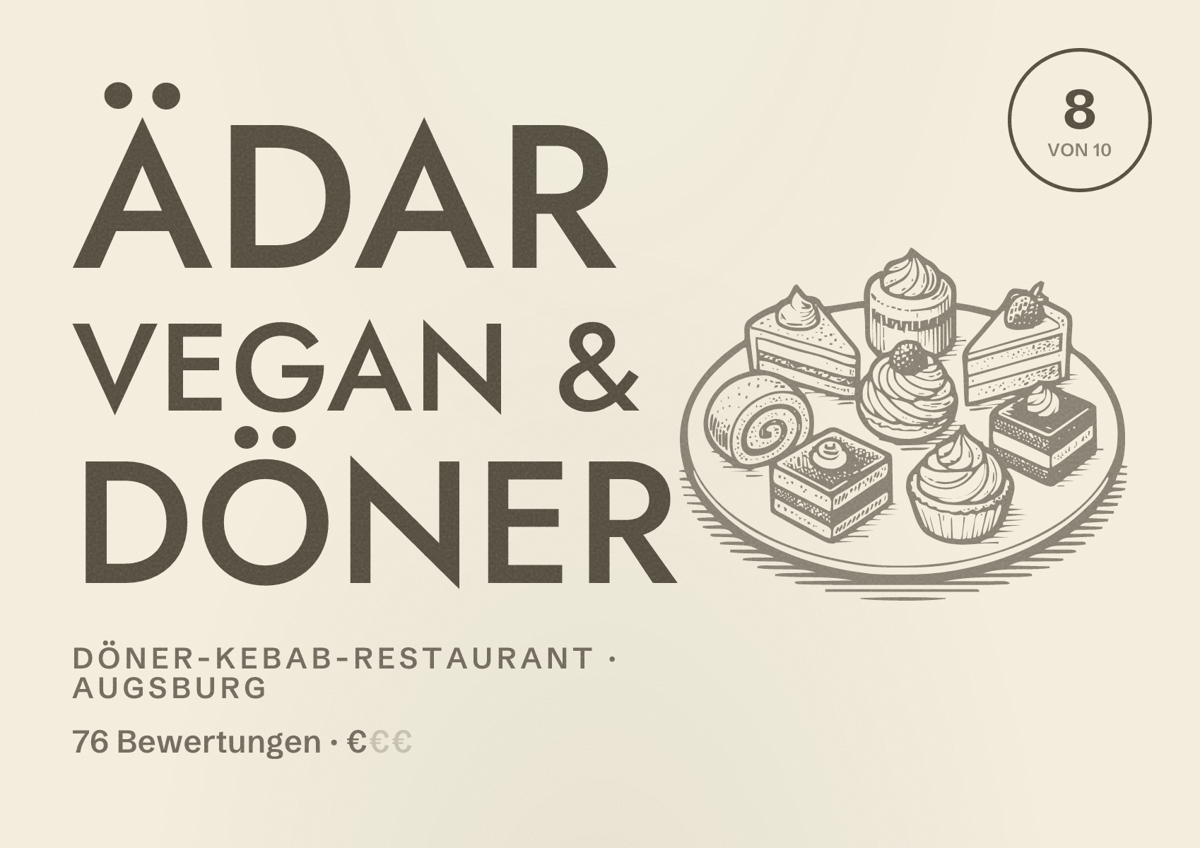 Illustriertes Poster von ÄDAR Vegan & Döner, Döner-Kebab-Restaurant in Augsburg: Bewertung 8,0 von 10 aus 76 Bewertungen, Preisniveau €