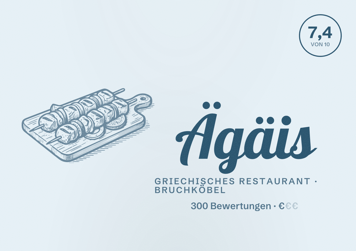 Illustriertes Poster von Ägäis, Griechisches Restaurant in Bruchköbel: Bewertung 7,4 von 10 aus 300 Bewertungen, Preisniveau €