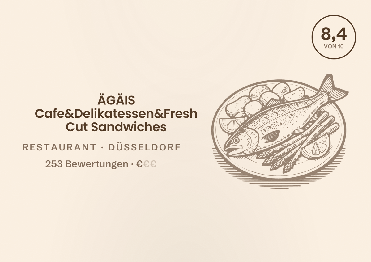 Illustriertes Poster von ÄGÄIS Cafe&Delikatessen&Fresh Cut Sandwiches, Restaurant in Düsseldorf: Bewertung 8,4 von 10 aus 253 Bewertungen, Preisniveau €