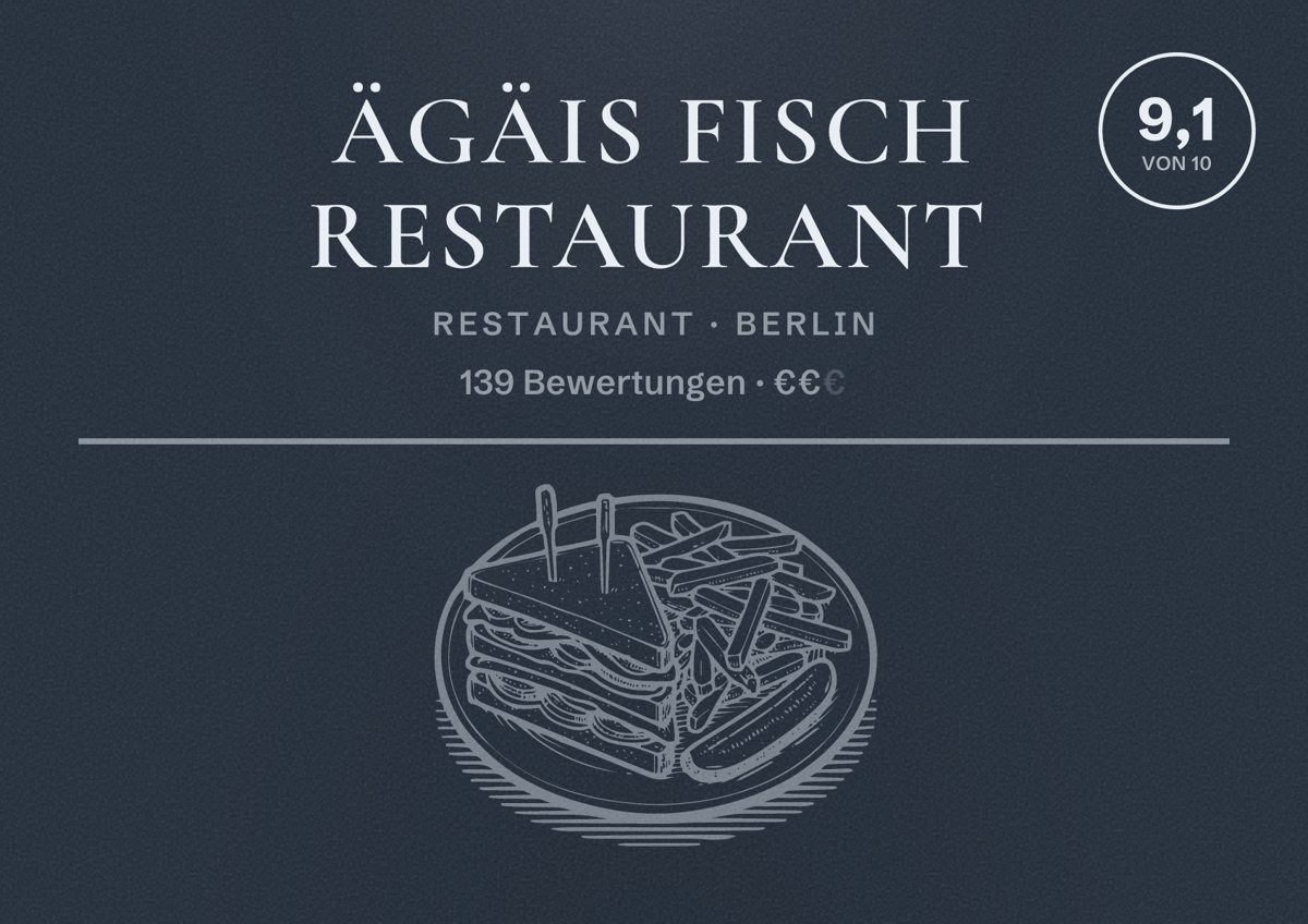 Illustriertes Poster von Ägäis Fisch Restaurant, Restaurant in Berlin: Bewertung 9,1 von 10 aus 139 Bewertungen, Preisniveau €€