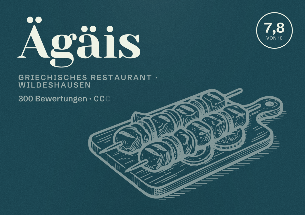 Illustriertes Poster von Ägäis, Griechisches Restaurant in Wildeshausen: Bewertung 7,8 von 10 aus 300 Bewertungen, Preisniveau €€