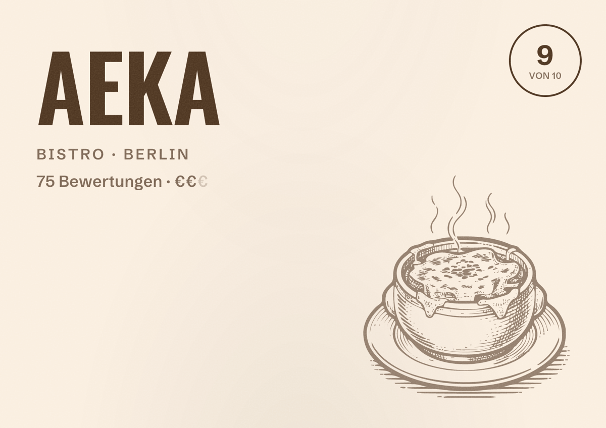 Illustriertes Poster von AEKA, Bistro in Berlin: Bewertung 9,0 von 10 aus 75 Bewertungen, Preisniveau €€