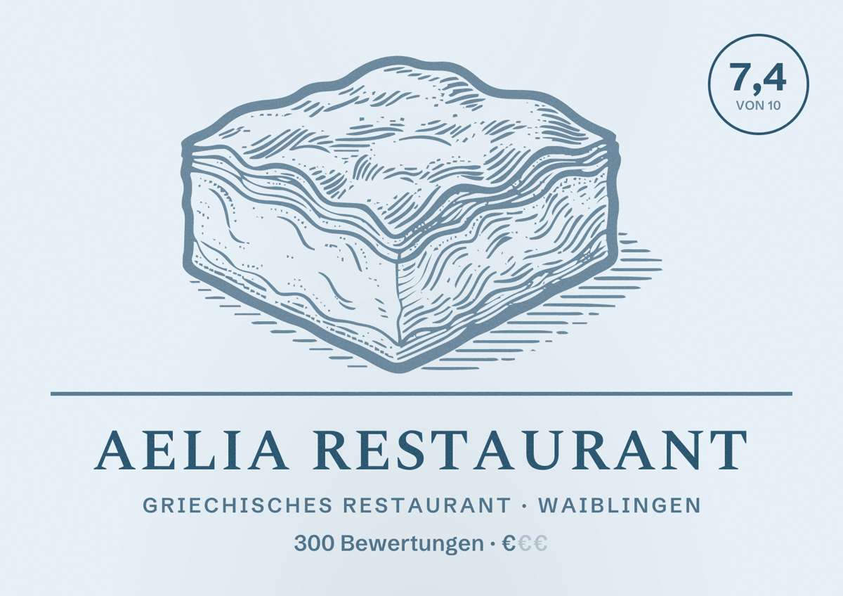 Illustriertes Poster von Aelia Restaurant, Griechisches Restaurant in Waiblingen: Bewertung 7,4 von 10 aus 300 Bewertungen, Preisniveau €