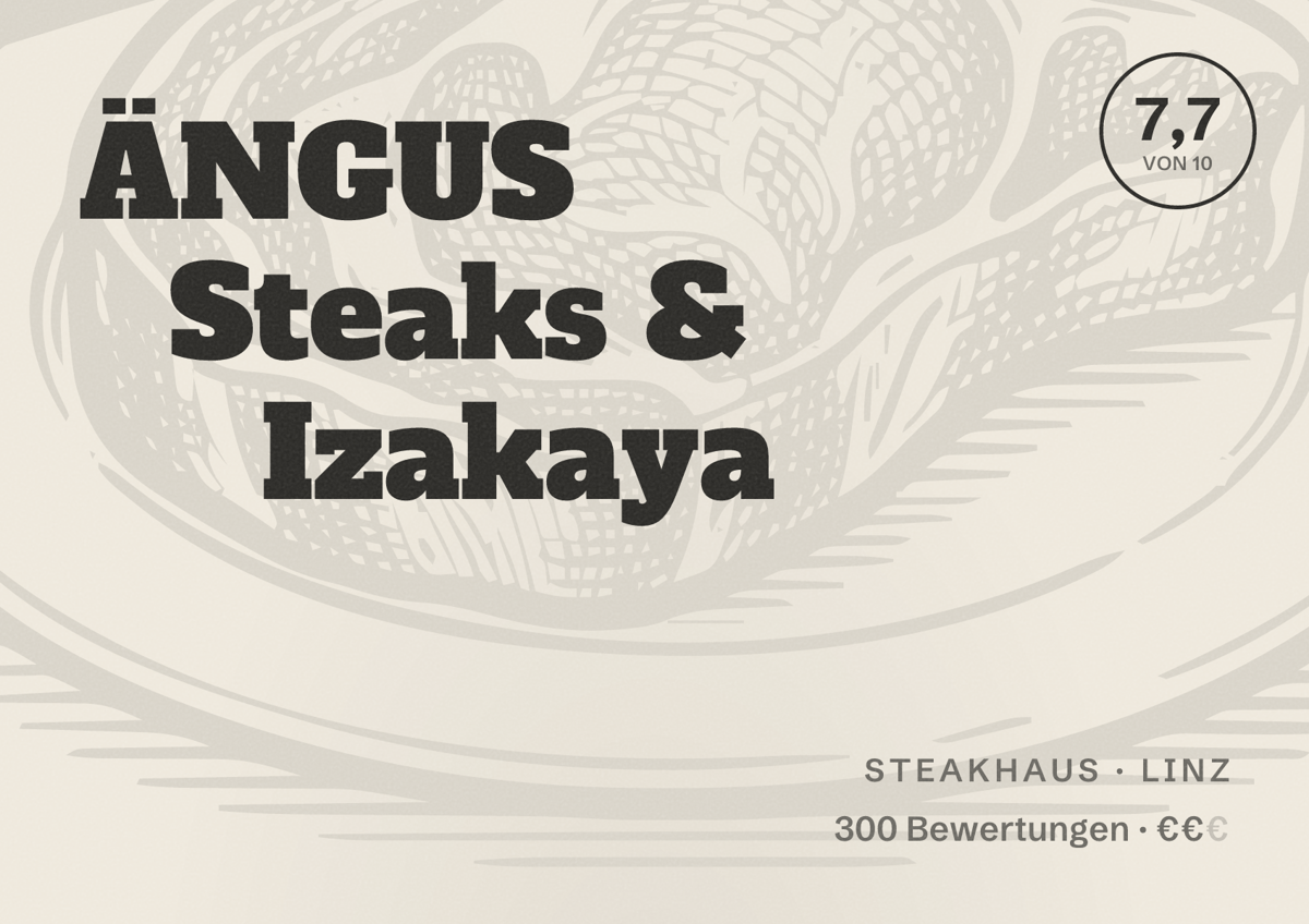 Illustriertes Poster von ÄNGUS Steaks & Izakaya, Steakhaus in Linz: Bewertung 7,7 von 10 aus 300 Bewertungen, Preisniveau €€