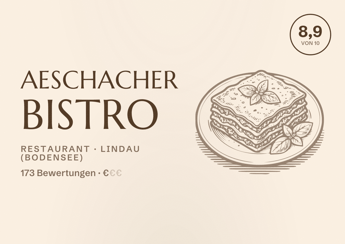 Illustriertes Poster von Aeschacher Bistro, Restaurant in Lindau (Bodensee): Bewertung 8,9 von 10 aus 173 Bewertungen, Preisniveau €