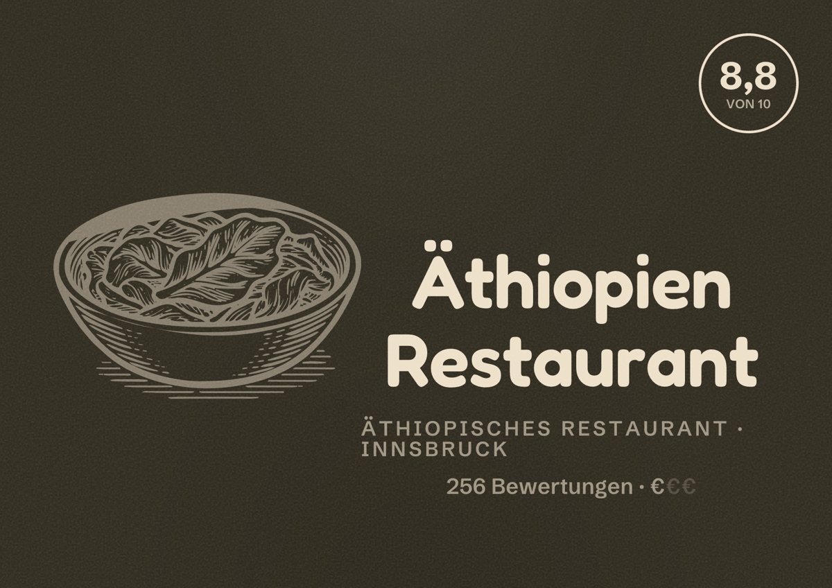 Illustriertes Poster von Äthiopien Restaurant, Äthiopisches Restaurant in Innsbruck: Bewertung 8,8 von 10 aus 256 Bewertungen, Preisniveau €