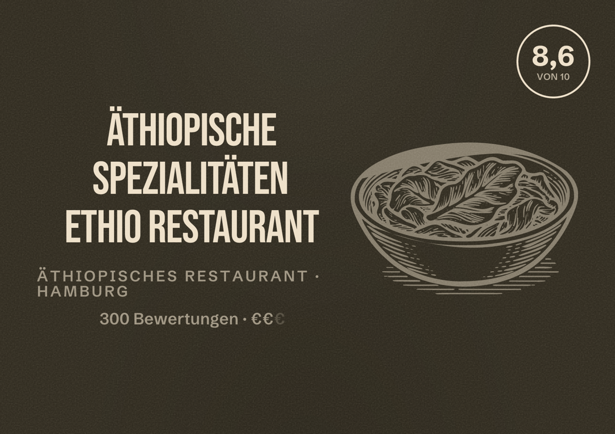 Illustriertes Poster von Äthiopische Spezialitäten Ethio Restaurant, Äthiopisches Restaurant in Hamburg: Bewertung 8,6 von 10 aus 300 Bewertungen, Preisniveau €€