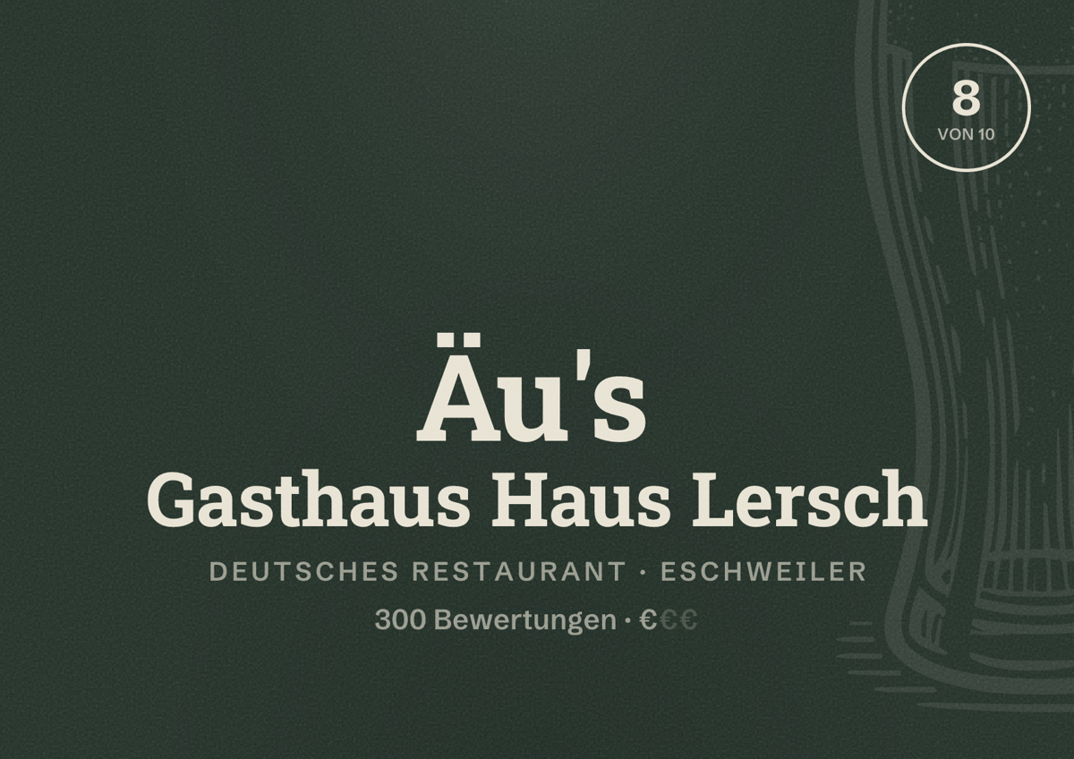 Illustriertes Poster von Äu's Gasthaus Haus Lersch, Deutsches Restaurant in Eschweiler: Bewertung 8 von 10 aus 300 Bewertungen, Preisniveau €