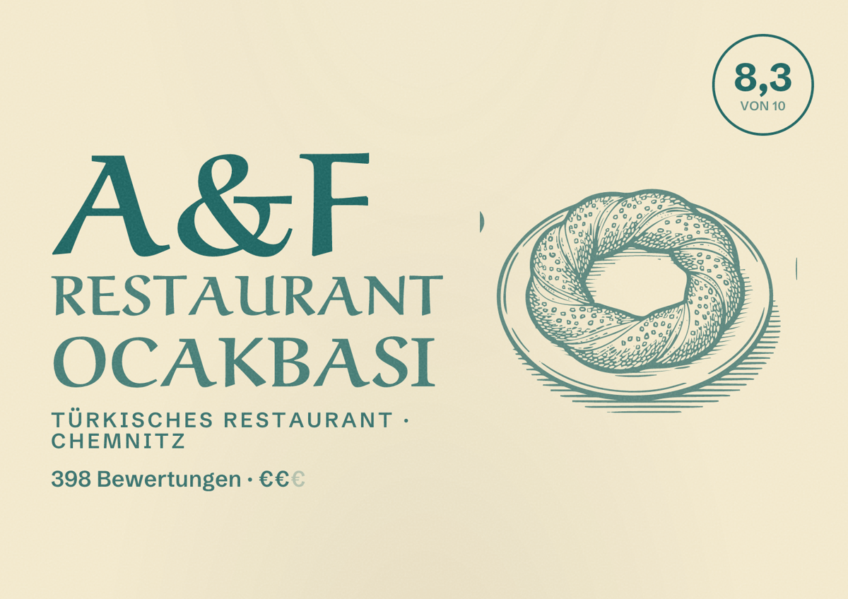Illustriertes Poster von A&F Restaurant Ocakbasi, Türkisches Restaurant in Chemnitz: Bewertung 8,3 von 10 aus 398 Bewertungen, Preisniveau €€