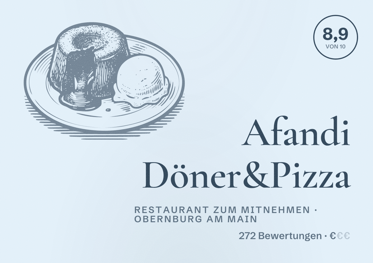 Illustriertes Poster von Afandi Döner&Pizza, Restaurant zum Mitnehmen in Obernburg am Main: Bewertung 8,9 von 10 aus 272 Bewertungen, Preisniveau €