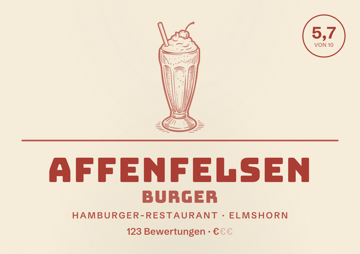 Illustriertes Poster von Affenfelsen Burger, Hamburger-Restaurant in Elmshorn: Bewertung 5,7 von 10 aus 123 Bewertungen, Preisniveau €