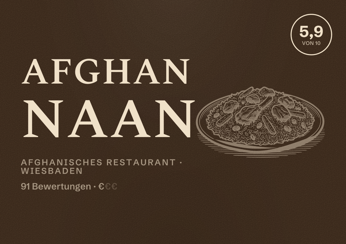 Illustriertes Poster von Afghan Naan, Afghanisches Restaurant in Wiesbaden: Bewertung 5,9 von 10 aus 91 Bewertungen, Preisniveau €